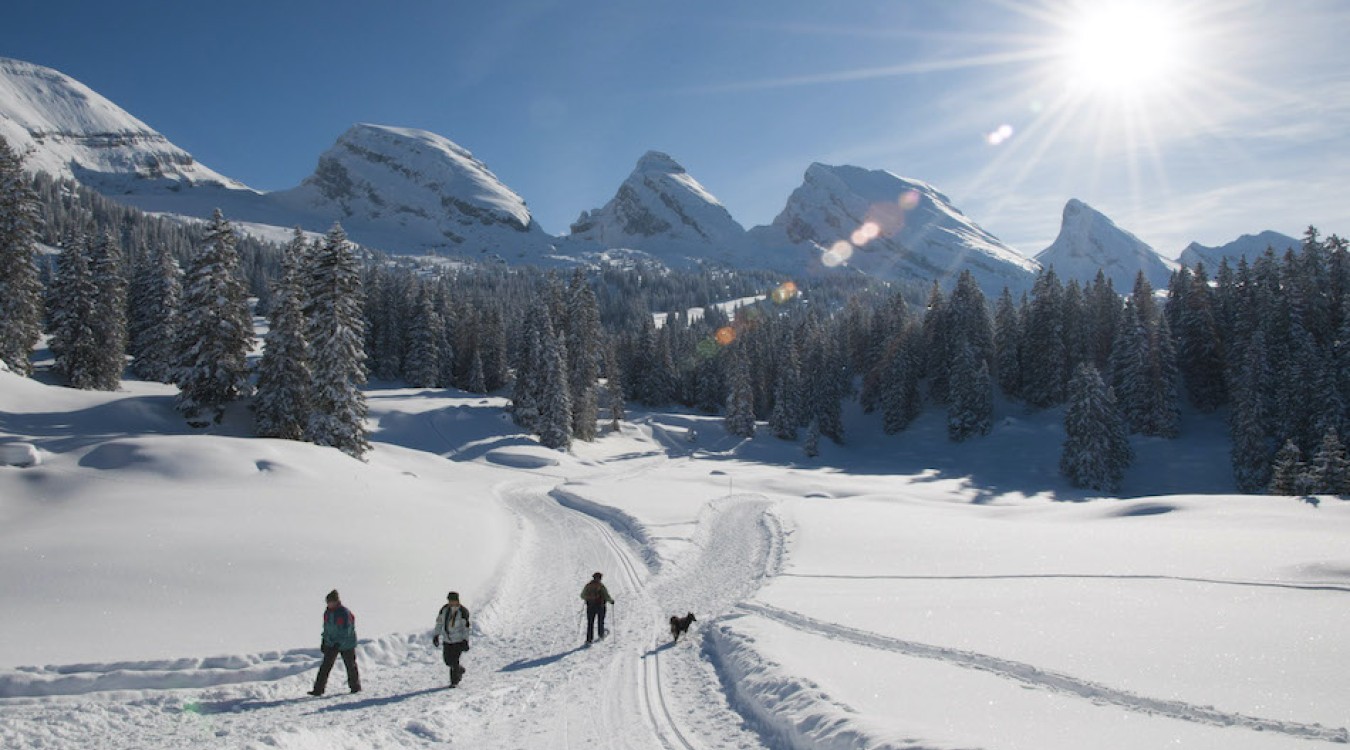 Menschen laufen über Winterwanderweg